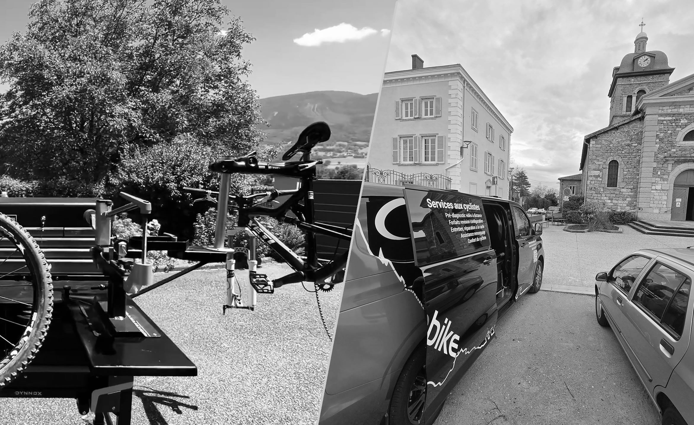 Camionnette atelier mobile Moovin'Bike stationnée près du château d'eau de Saint-Genis-les-Ollières pour un service cycliste